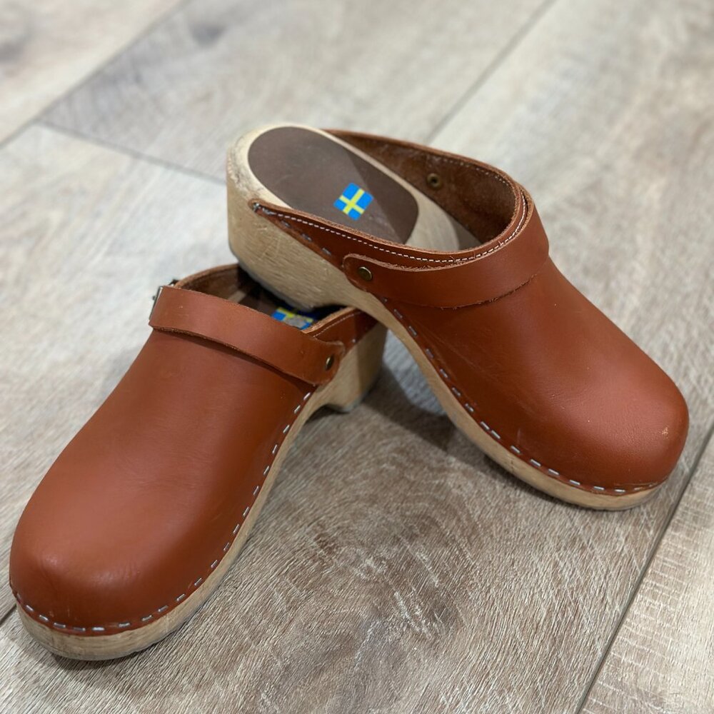 Mia Alma Brown Leather Swedish Clogs with Wooden Platform